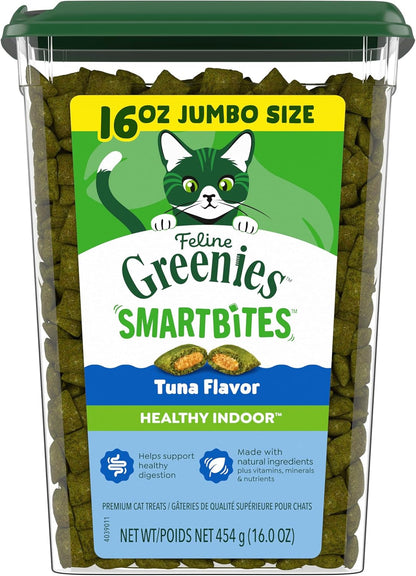 Greenies Feline Smartbites Healthy Indoor Cat Treats, Tuna, 16 Oz | Veterinarian-Recommended, Fiberblend Formula, Supports Digestion, under 2 Cal per Treat, Natural Ingredients, Dual Texture1