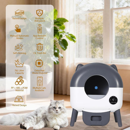 Self-Cleaning Cat Litter Box, 76L Large Capacity Automatic Litter Box for Multiple Cats, App-Controlled, Quiet & Odor-Free, Smart Safety Sensors, LED Night Light, Includes Trash Bags4