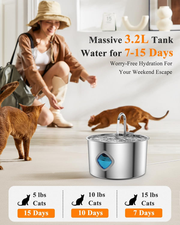 Cat Water Fountain Stainless Steel [3.2L/108Oz] Large Capacity Automatic Water Dispenser for Cats Indoor with 3 Filters Kit, LED Water Level Window, Easy to Clean, Ideal for Cats Dogs Multi-Pet Home2