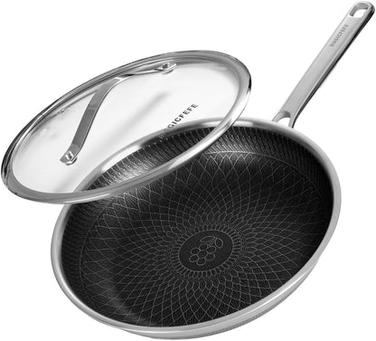 12 Inch Hybrid Honeycomb Nonstick Skillet with Lid, Stainless Steel Pan, Stay-Cool Handle, PFOA PFOS Free Non Toxic, Induction, Dishwasher & Oven Safe 437°F All Cooktops1