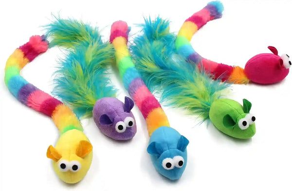 Jumpaws 5 Pack Interactive Catnip and Feather Cat Toys, Multi-Colored Mice with Long Feather Tail, Accessories for Indoor Cat, Catnip Plush Toys with Natural Feathers and Rattles1