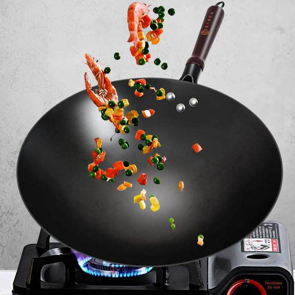 Cast Iron Wok Pan 12.6 Inch with Wooden Handle, Chinese round Bottom Cooking Wok Small Size Coating Free2