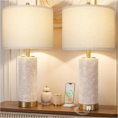 25.5" Boho Ceramic Table Lamps Set of 2 with 3-Way Dimmable Bulb | Modern Table Lamp with USB A+C Ports, Rotary Switch, Bedside Lamp with Linen Shade, for Bedroom Living Room (Bulb Included)1