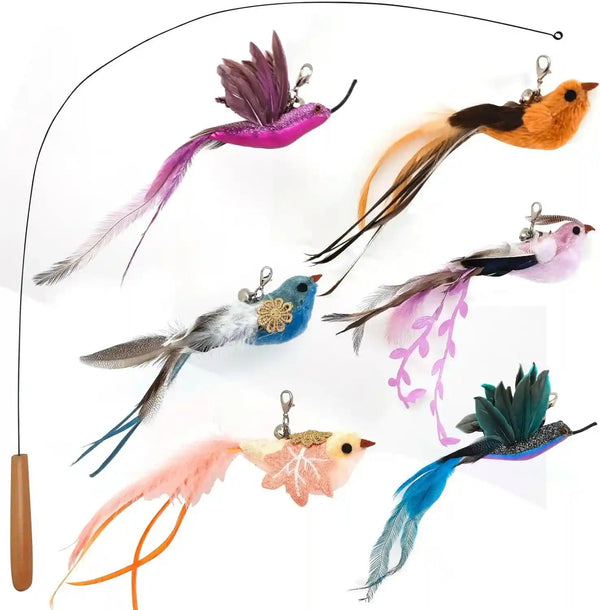 Miwoowim 2PCS Retractable Cat Teaser Wands & 9PCS Feather Refills Toy Set | Dual-Size Telescopic Rods (50" & 38"), Da Bird Feather Attachments with Bells Replacement,Interactive Fishing Pole Toys12