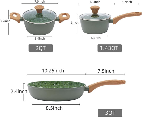 3-Piece Nonstick Set | 10.25" Pan + 1.4/2.2QT Pot | Pfas-Free, Green2
