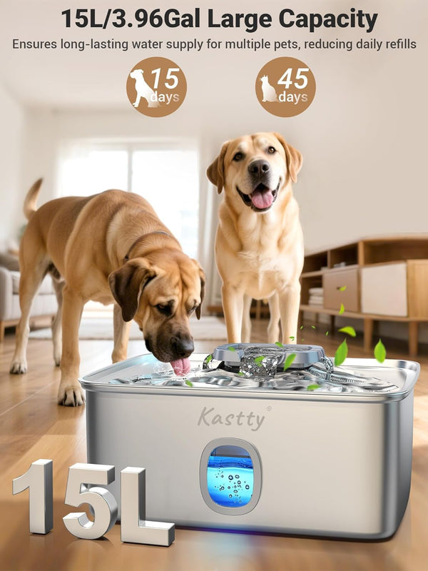 Kastty 4 Gal/15L Stainless Steel Dog Water Fountain for Large Dogs | Dog Water Bowl Dispenser Triple Filtration,Ultra Quiet Automatic Pet Water Fountain with Water Level Window&Led Light(Fs76)2