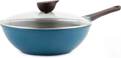 Eela 12'' Non Stick Chef'S Wok with Glass Lid, Stir Fry Pan and Pofa-Free Ceramic Coating for Cooking Saute Vegetables, Meat, Fish, 12 Inch, Deep Blue (Handle Assemble Required)1