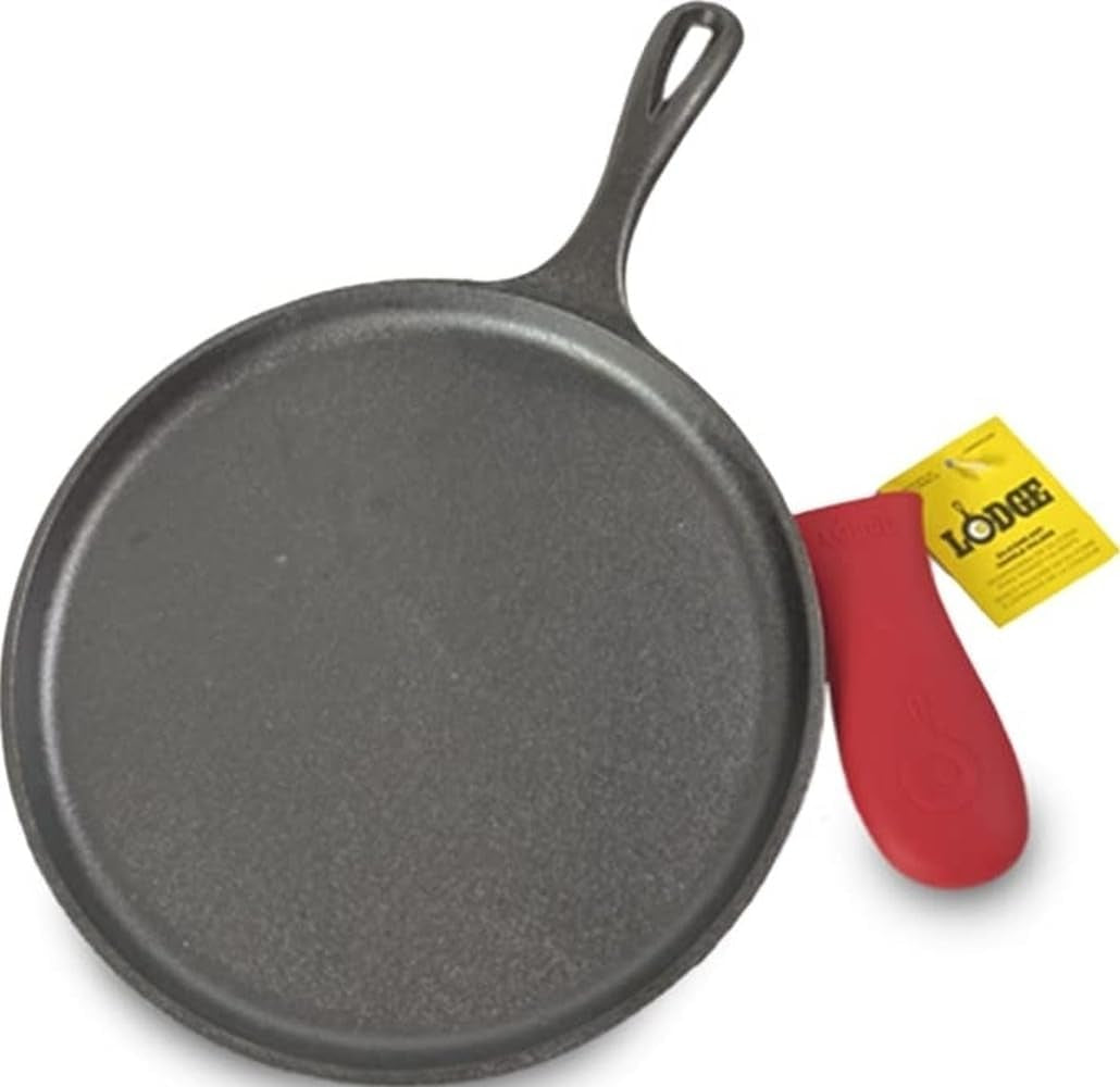 pre-seasoned-cast-iron-griddle-with-red-handle-holder-10-5-inches-includes-red-silicone-handle-holder-heavy-duty-flat-cooking-pan-for-breakfast-favorites-everyday-cooking