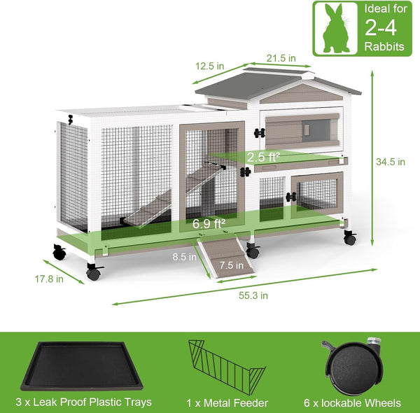 2 Story Rabbit Hutch Outdoor Indoor, Wooden Bunny Cage with 6 Lockable Wheels, 3 Removable No Leakage Pull Out Trays, Chew-Proof Ramp & Waterproof Roof, Ideal for Rabbit & Guinea Pig7