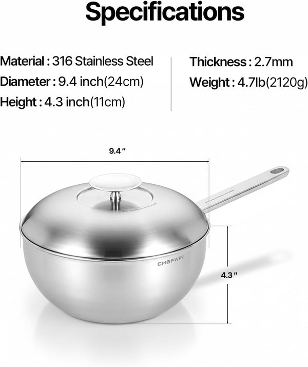 316 Stainless Steel 9.4-Inch Wok Pan with Lid, Stir Fry Pan, 5Ply, Induction Cookware, Dishwasher Safe, Oven Safe3