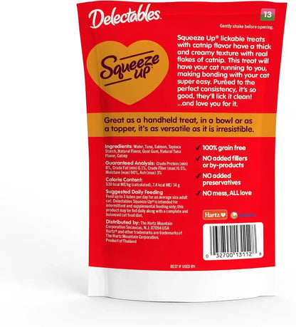 Delectables Squeeze up Creamy Squeezable Puree, Lickable Wet Cat Treats, Grain Free, No Added Fillers, No By-Products, No Added Preservatives, 0.5 Ounces Tube Tuna & Salmon with Catnip, 32 Tubes Total6