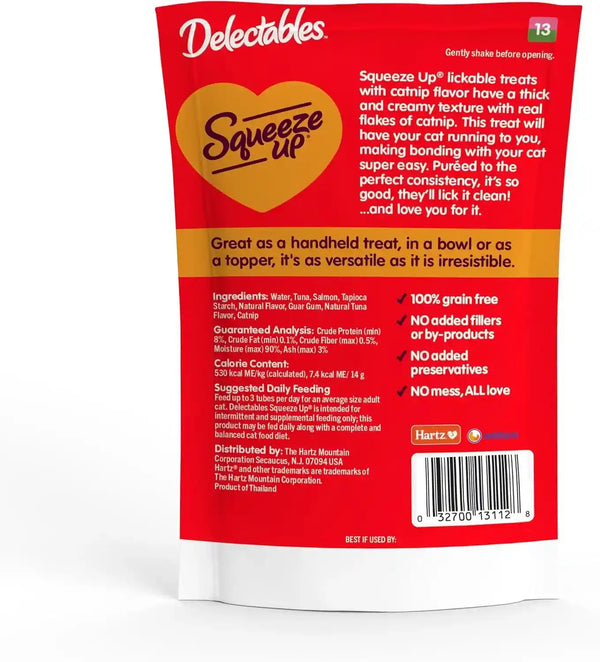 Delectables Squeeze up Creamy Squeezable Puree, Lickable Wet Cat Treats, Grain Free, No Added Fillers, No By-Products, No Added Preservatives, 0.5 Ounces Tube Tuna & Salmon with Catnip, 32 Tubes Total6