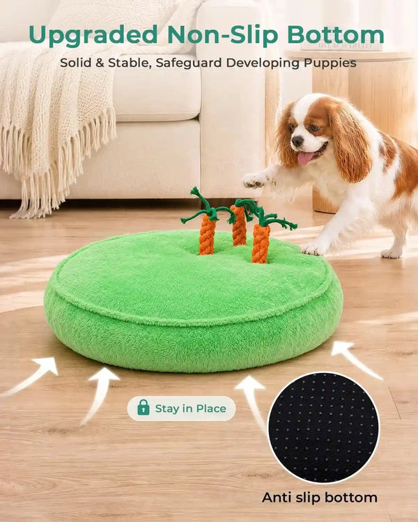 KSIIA Puppy Bed for Small Dogs, 28 Inch Washable Calming Plush round Dog Bed with Carrot Chew Toy, Orthopedic Support, Anti-Anxiety & Non-Slip Base for Puppies & Cats, Green6