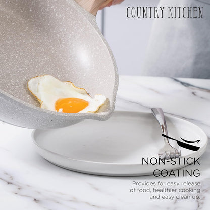 Non-Stick Cast Aluminum Cookware Set - Durable Kitchen Cookware for Everyday Cooking, Speckled Cream, 8 Pc.3