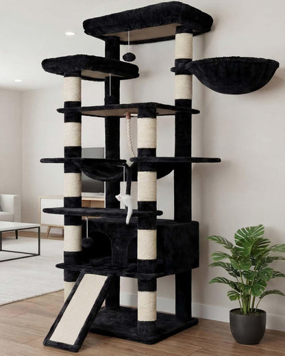 Heybly Cat Tree, 71-Inch-Tall Tower for Indoor Cats with 2 Perches HCT034W | Large Cat Furniture with 2 Big Condos, 2 Hammocks, Basket, Scratching Pad, Multi-Level Cat Condo, Light Gray13