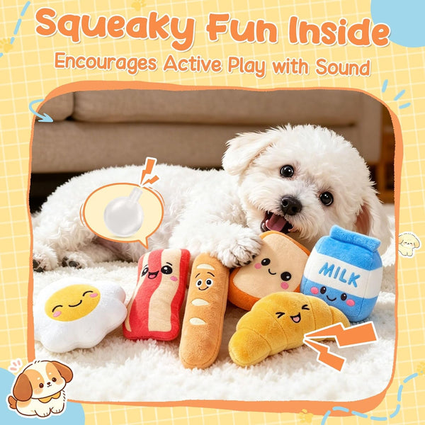 KIPRITII Dog Squeaky Toys for Small Dogs, Breakfast-Themed Puppy Toys to Keep Them Busy, Plush Toys with Squeaker for Interactive Play, Includes Storage Bag3