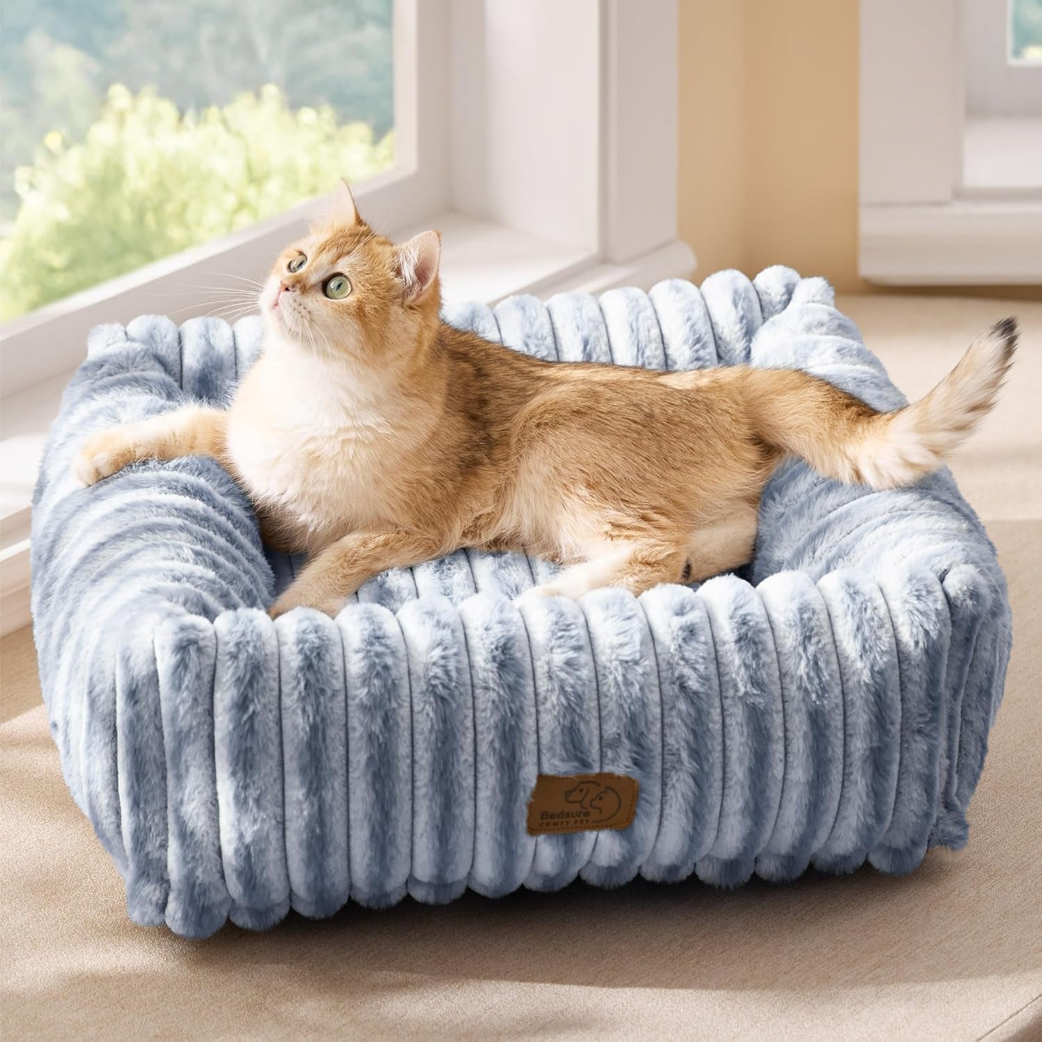 bedsure-comfyfleece™-cute-dog-bed-for-small-medium-dogs-washable-25in-cream-furry-puppy-beds-square-rectangle-orthopedic-corduroy-aesthetic-pet-beds-removable-zipper-cover-non-slip-bottom-up-to-15-lbs