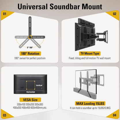 Soundbar Mount Bracket Fits Most of Soundbars up to 15 Lbs | Sound Bar Mount for Mounting above or under TV, with Detachable Long Extension Plates, MD54204