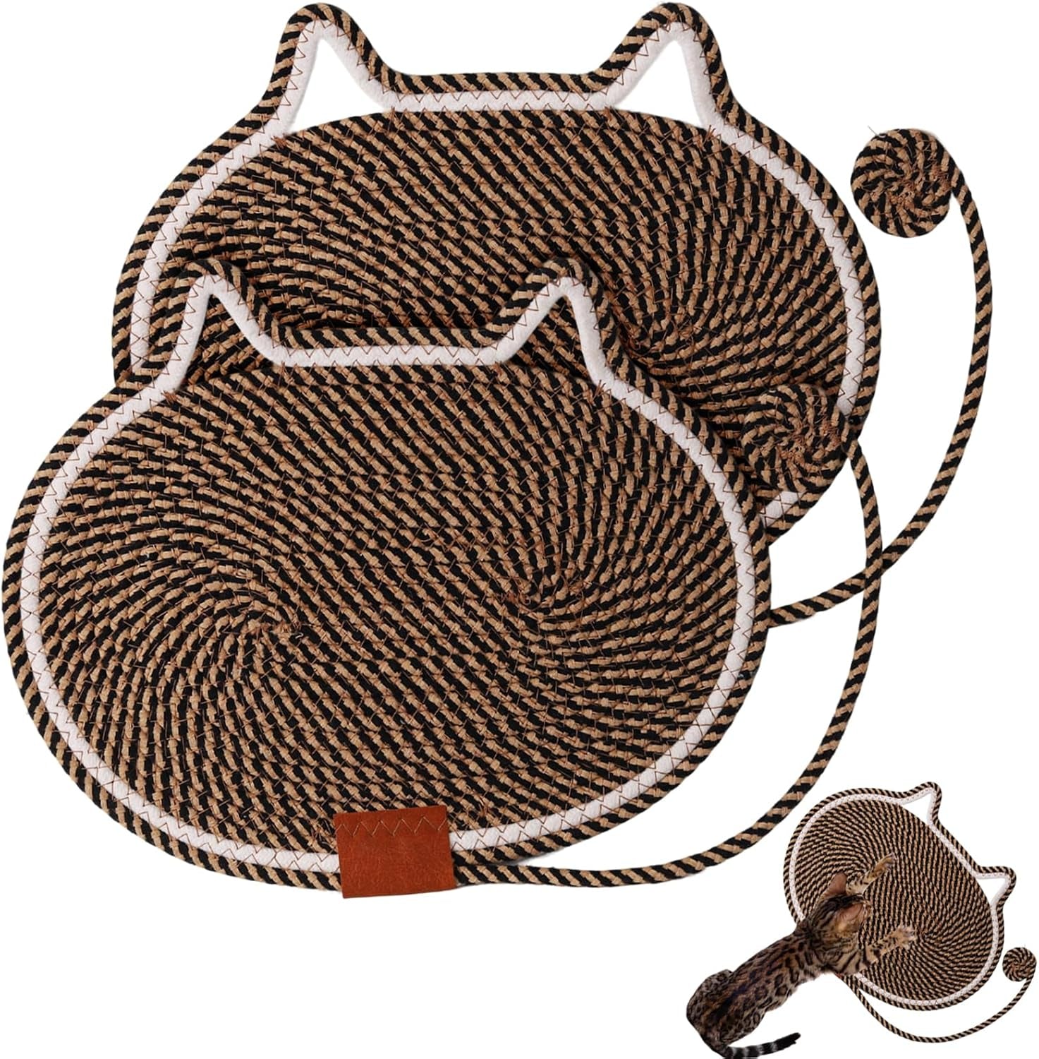 2-pc-cat-scratcher-mat-natural-cotton-rope-oval-horizontal-scratch-pad-11x13-7-with-dangling-ball-toy-cat-ear-design-furniture-protector-for-floor-wall-durable-handmade-balck-2-pc