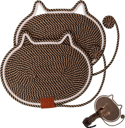 2 PC Cat Scratcher Mat - Natural Cotton Rope Oval Horizontal Scratch Pad (11''X13.7'') with Dangling Ball Toy, Cat Ear Design, Furniture Protector for Floor/Wall, Durable Handmade (Balck, 2 PC)1