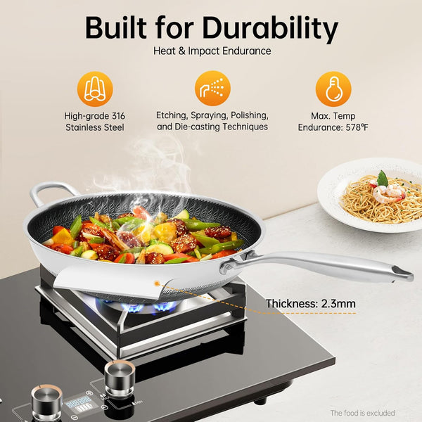 13.4 Inch Skillet Nonstick, 316 Stainless Steel Nonstick Wok Pan with Lid-Honeycomb Stir-Fry Skillet, Stir-Fry Wok with Lid Suitable for Gas Stoves, Induction Cookers and Ceramic Stove4