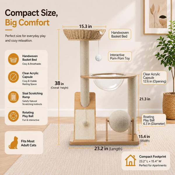 Modern Wooden Cat Tree for Indoor Cats, Furniture Style Cat Tower with Handwoven Basket and Soft Cushion, Acrylic Space Capsule, Sisal Scratching Posts & Interactive Play Ball, 38" Cat Condo3