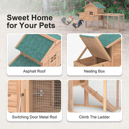 Outdoor Chicken Coop for 2-4 Chickens Wooden Hen House with Nesting Box | 80" Poultry Pet Hutch Backyard Run Cage W/ Waterproof Asphalt Roof, Ramp, Perch and Wire Fence2