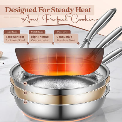 Titanium Frying Pan, Hammered Non-Stick Skillet with Glass Lid & 4 Spatulas, Pfas/Pfoa/Ptfe-Free, Tri-Ply Stainless Steel, Induction & Oven Safe, Dishwasher Safe Cookware5