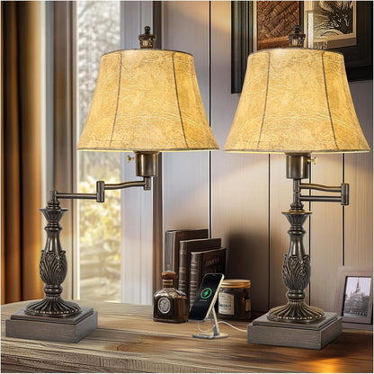 Swing Arm Table Lamp Set of 2 with USB Ports for Living Room | Traditional 350° Adjustable Arm, 23.5" Tall Nightstand Lamp, Brown Finish & Faux Leather Shade, Decor for Bedroom Office1