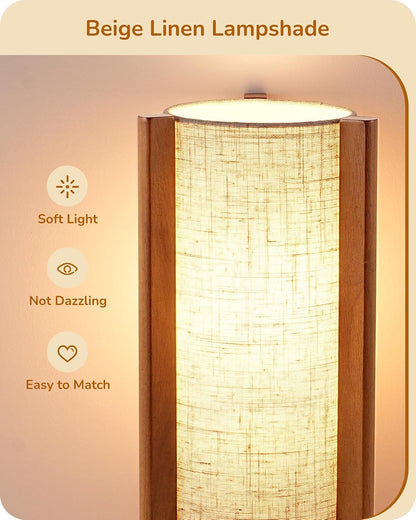 13.5" Small Table Lamp, Walnut Wood Cylinder Nightstand Lamp, E26 | Beige Linen Shade, On-Off Line Switch, Three-Sided Base, Corner Modern Bedside Lamp for Living Room, Bedroom3
