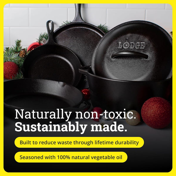 Cast Iron 5-Piece Set, Pfas-Free Pre-Seasoned Kitchen Set | Pfas-Free Cast Iron Set Includes Skillets, Griddle & Dutch Oven for Non-Toxic Everyday Cooking, Made in USA11