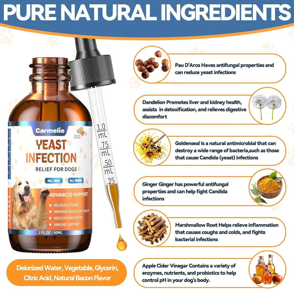 Carmelie Natural Yeast Relief for Dogs, Support Healthy Itch Relief, Ear Paw Discomfort Care, Itch Relief for Dog, Allergy Supports, Inflammation Relief for Dogs, 60Ml Bacon Flavor5