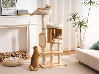 50" Modern Cat Tree for Indoor Cats Small to Medium, Solid Wood Cat Tower with Sisal Scratching Posts, Cat Scratcher Cardboard, Cozy Cat Beds & Hidden Cat Condo, Multi-Level Cat Furniture2