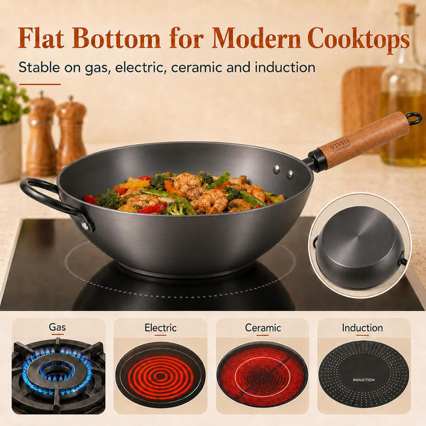 12.6 Inch Carbon Steel Wok with Lid, Flat Bottom Induction Wok Pan, Non-Coated Stir Fry Wok Skillet with Helper Handle, Gas Electric Ceramic Halogen Compatible, Includes Iron Wok Spatula6
