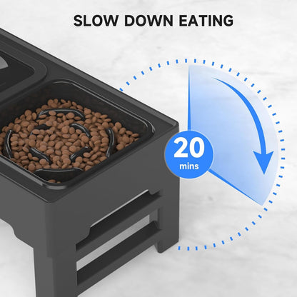 ELS PET Adjustable Elevated Dog Bowls, No Spill Water Bowl and Slow Feeder | Adjustable Height 3 to 11 Inch, Small, Medium, Large Dog, Slow Feeder Insert, No Spill Water Bowl, Anti-Slip Feet, Removable3