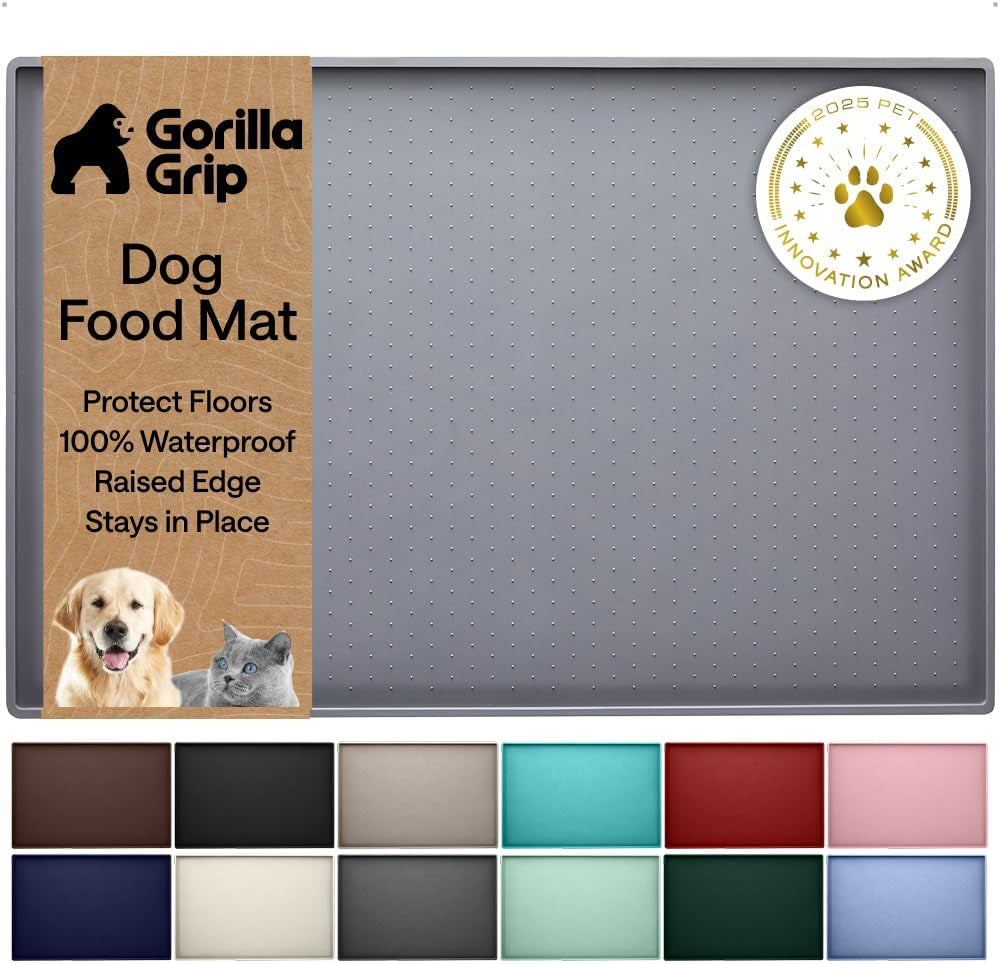 gorilla-grip-100-waterproof-raised-edge-bpa-free-silicone-pet-feeding-mat-dog-cat-food-mats-contain-spills-protects-floors-placemats-for-cats-and-dogs-water-bowl-18-5x11-5-gray