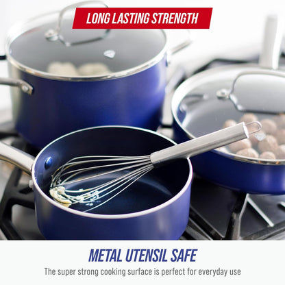14 Piece Cookware Set, Diamond Infused PFAS & Pfoa-Free Ceramic Nonstick Pots and Pans, Durable, Non Toxic, Metal Utensil Safe & Scratch Resistant, Dishwasher & Oven Safe, Blue | Pfas-Free Diamond Infused Ceramic Nonstick, Metal Utensil Safe, Dishwasher & Oven Safe to 600F, Skillets, Sauce, Stockpot6