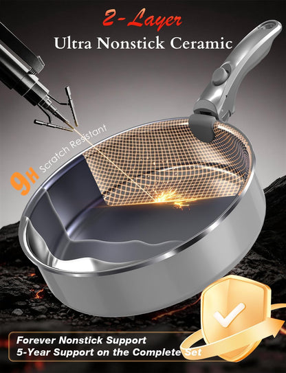 Ceramic Pots and Pans Set Non Stick, 2026 Upgraded Hybrid Frypan, 1.5&2 QT Saucepans with Lid, Oil-Less Cooking, PFAS Free Non Toxic, Induction Ready,Oven&Dishwasher Safe,Removable Handle,12Pc4
