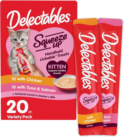 Delectables Squeeze up Kitten Variety Pack, Creamy Squeezable Puree, Lickable Wet Cat Treats, Grain Free, No Added Fillers, No By-Products, No Added Preservatives, 0.5 Ounces Tube, 20 Tubes Total1