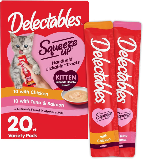 Delectables Squeeze up Kitten Variety Pack, Creamy Squeezable Puree, Lickable Wet Cat Treats, Grain Free, No Added Fillers, No By-Products, No Added Preservatives, 0.5 Ounces Tube, 20 Tubes Total1