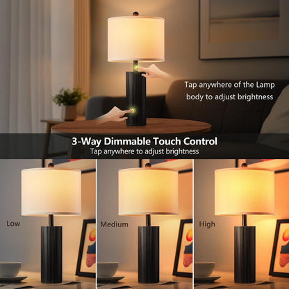 24.5" Black Lamps Set of 2, Modern Table Lamps for Living Room with USB C+A Ports, Creative Stripe Touch Lamps for Nightstand, 2 Bulbs Included4