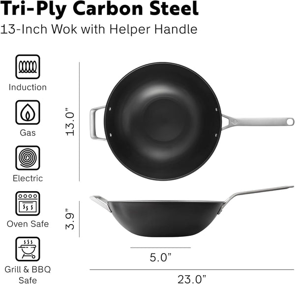 13 Inch Tri Ply Carbon Steel Wok Pan - Naturally Nonstick, Nitrided Carbon Steel - Lightweight, Non Toxic Cookware, No Coatings - Induction Wok, Oven, Outdoor Grill Cooking2