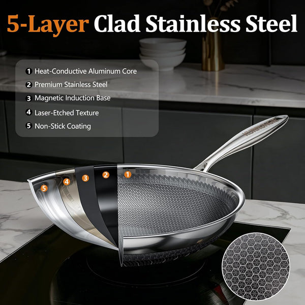 Wok Pan, 13 Inch Hybrid Woks & Stir-Fry Pans Nonstick, Non Toxic 5-Ply Stainless Steel Wok Pan with Lid, Laser Etched Surface, Works on All Stoves, Dishwasher & Induction Safe, PFOA Free3