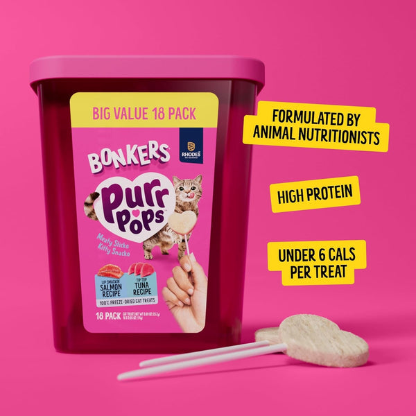 Bonkers Purrpops Freeze Dried Tuna & Salmon Flavor Lollipop Cat Treats, Healthy Real Meat Treats, Training Treats or Food Topper, for All Breeds and Ages, Value Pack (18 Pieces)3