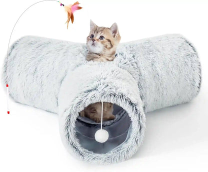 Tempcore Pet Cat Tunnel Tube Toys 3 Way Collapsible, Tunnels for Indoor Cats, Interactive Tube with Teaser Wand, Peek Holes & Hanging Ball, Black & Blue25