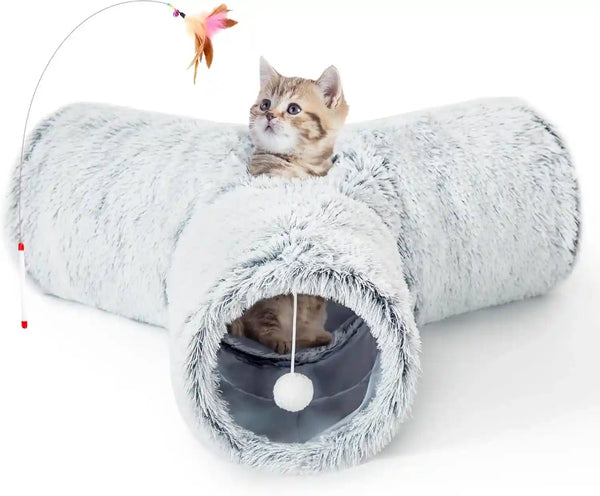 Tempcore Pet Cat Tunnel Tube Toys 3 Way Collapsible, Tunnels for Indoor Cats, Interactive Tube with Teaser Wand, Peek Holes & Hanging Ball, Black & Blue25