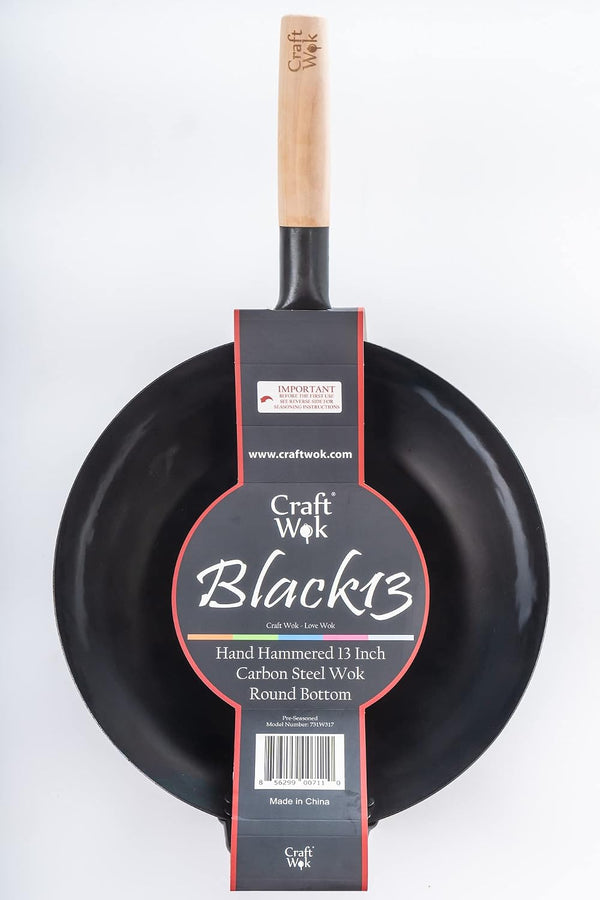 Black13 Pre-Seasoned Hand Hammered Carbon Steel Pow Wok with Wooden and Steel Helper Handle (13 Inch, round Bottom)8