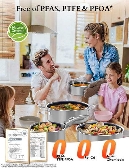 Ceramic Pots and Pans Set Non Stick, 2026 Upgraded Hybrid Frypan, 1.5&2 QT Saucepans with Lid, Oil-Less Cooking, PFAS Free Non Toxic, Induction Ready,Oven&Dishwasher Safe,Removable Handle,12Pc6