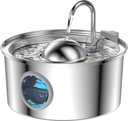 AONBOY Cat Water Fountain Stainless Steel, 108Oz/3.2L Cat Fountain, Pet Water Fountain with Water Level Window, Hemispherical Shape, Multi-Filter, Silent Pump, Water Tap, Provides Flowing Water1