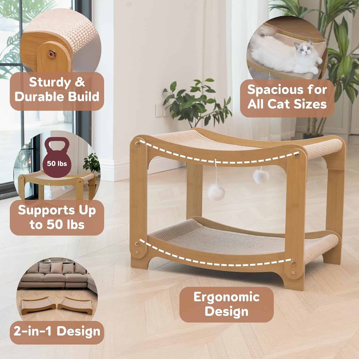 aixinpet-two-level-sisal-cat-scratcher-bed-sturdy-cat-scratching-post-with-scratch-pad-hammock-bed-comfortable-cats-bed-for-indoor-kittens-adult-cats-sturdy-wooden-frame-protect-furniture